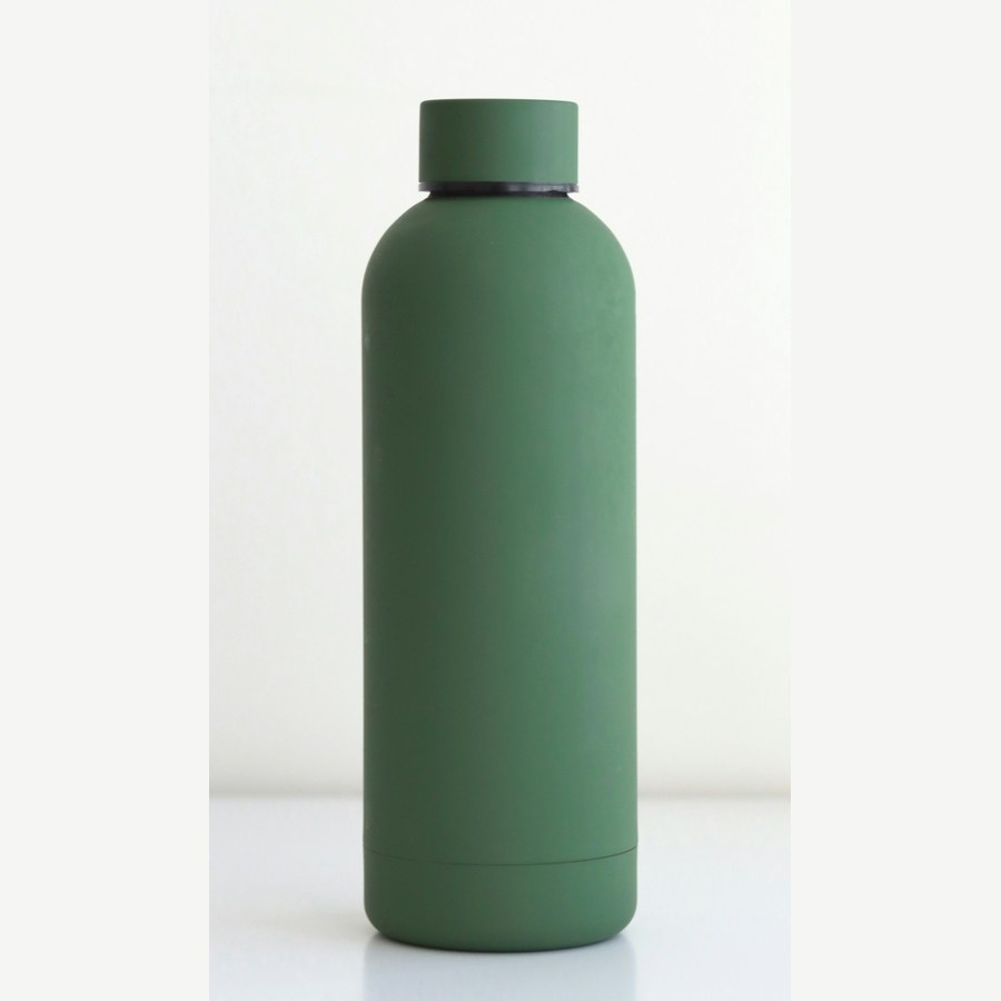 a plain moss-green stainless-steel bottle with a screw cap